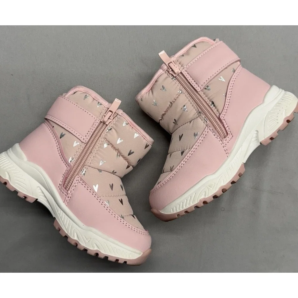 PATPAT Toddler Girls' Pink Winter Snow Boots Size 24 Month Silver Heart